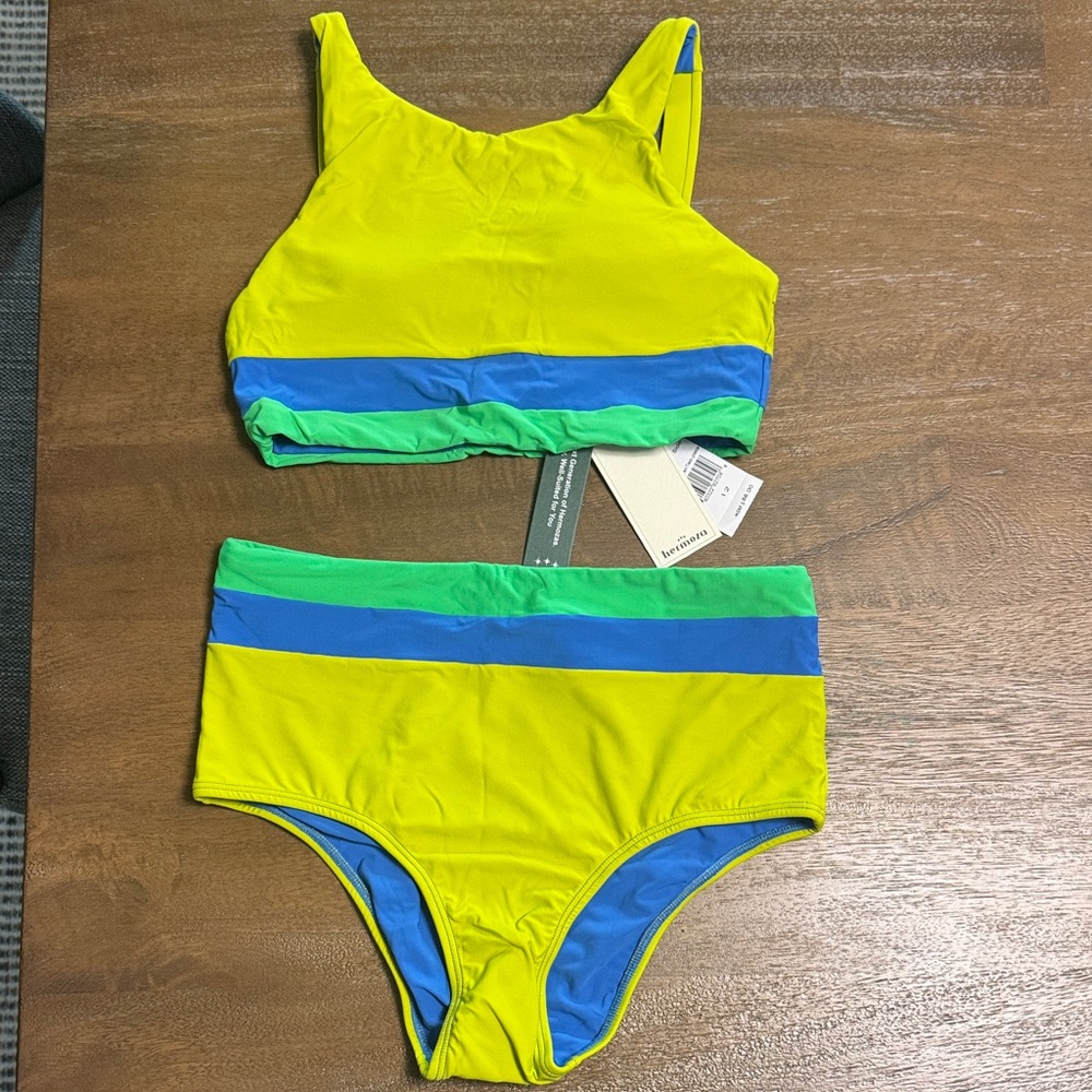 Hermoza Girls' Neon Yellow Bikini with Blue & Green Bands
